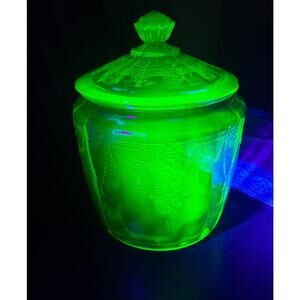 Vintage Uranium Glass Canister Jar with Lid – Glows Bright Green Under UV